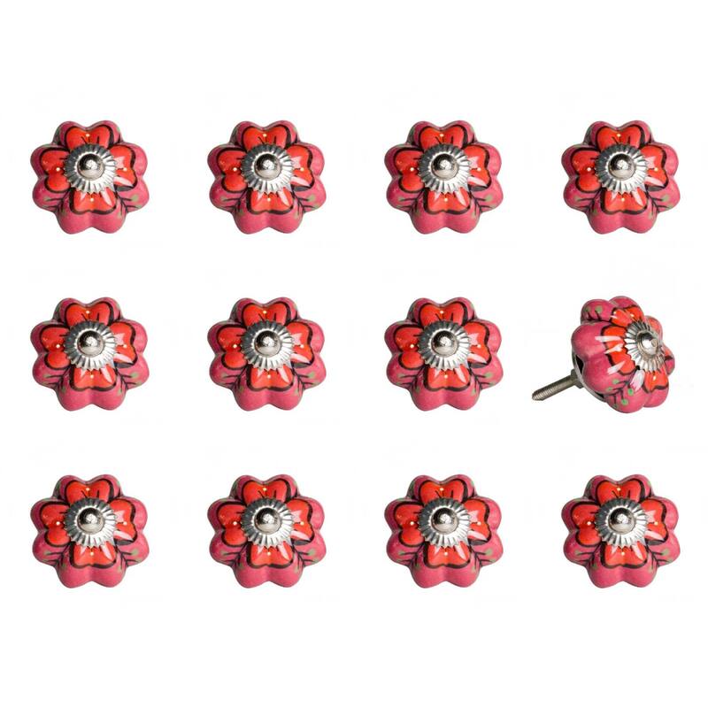 Set of 12 Hand-Painted Red, Pink & Green Floral Ceramic Cabinet Knobs - 1.5" x 1.5" x 1.5"