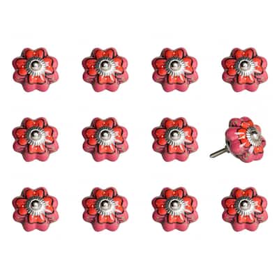 Set of 12 Hand-Painted Red, Pink & Green Floral Ceramic Cabinet Knobs - 1.5" x 1.5" x 1.5"