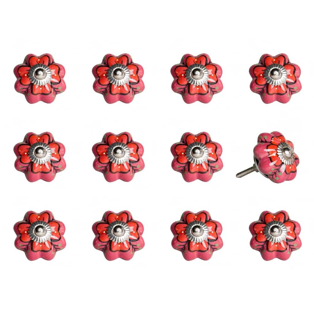 Set of 12 Hand-Painted Red, Pink & Green Floral Ceramic Cabinet Knobs - 1.5" x 1.5" x 1.5"