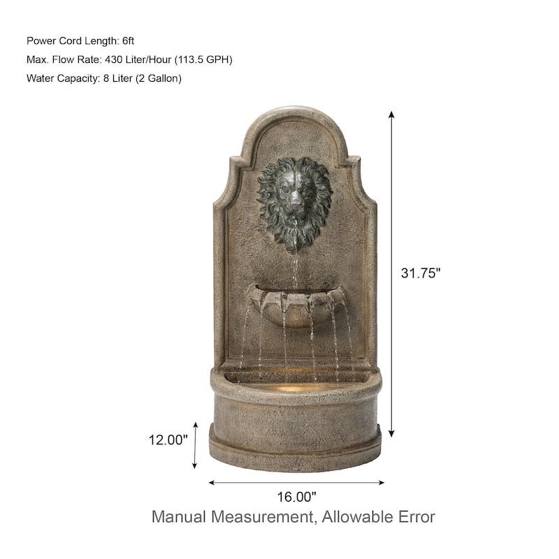 Glitzhome 31.75"H Oversized 3-Tier Lion Head LED Outdoor Floor Fountain