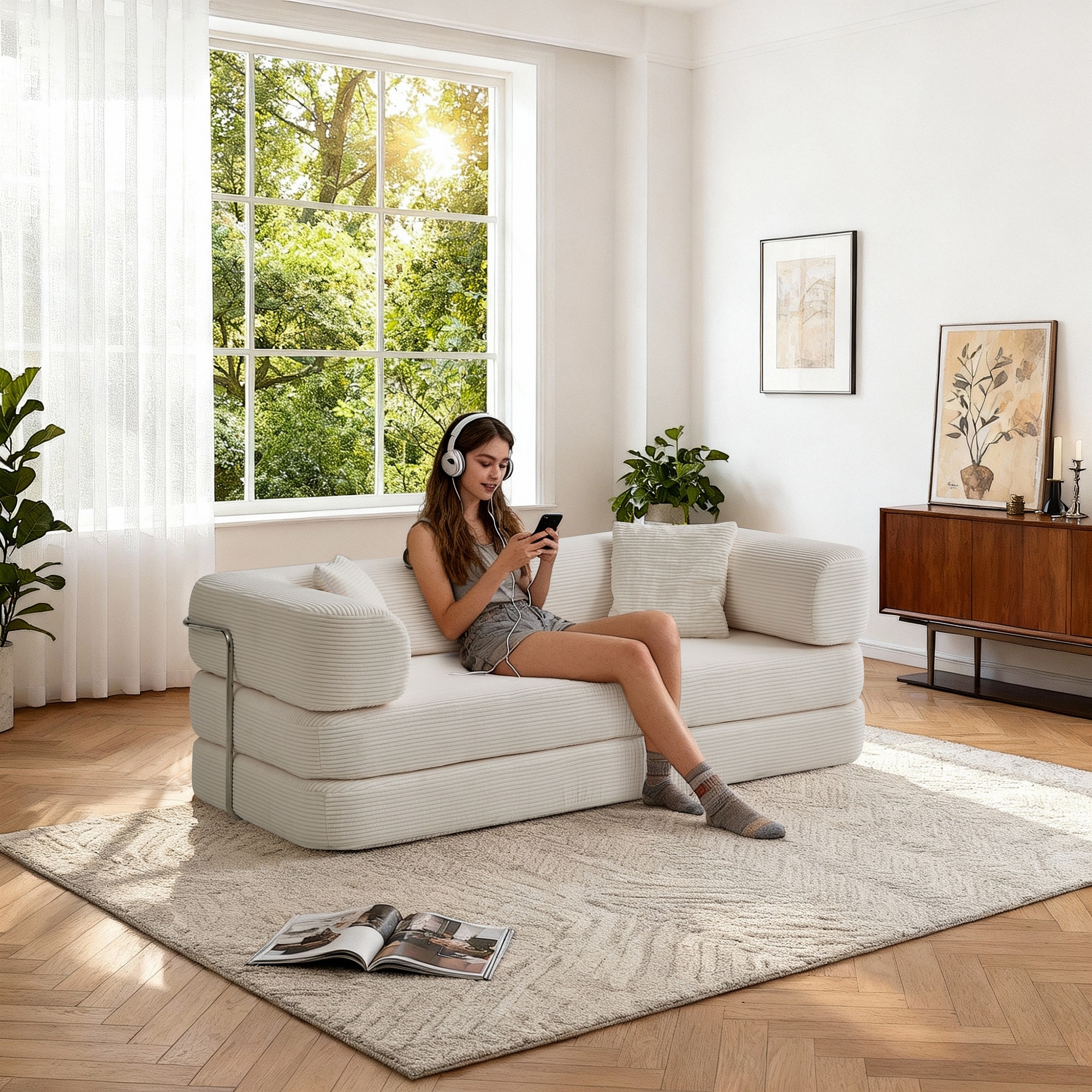 Modular Convertible Sofa Bed Floor Couch with Steel Frame, Simple
