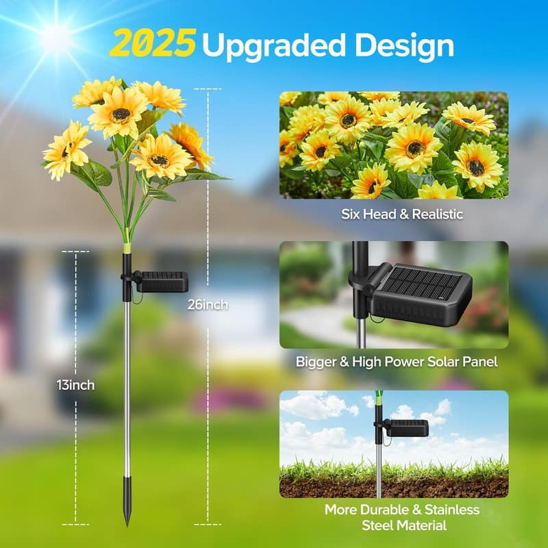3-Pack Solar Sunflower Lights - 18 LED, Waterproof, Outdoor Decor - 3 Pack