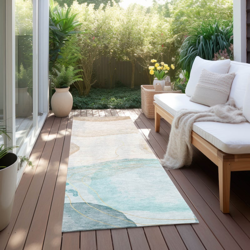 Machine Washable Indoor/ Outdoor Modern Shapes Chantille Rug - Mocha Teal - 2'3" x 7'6"