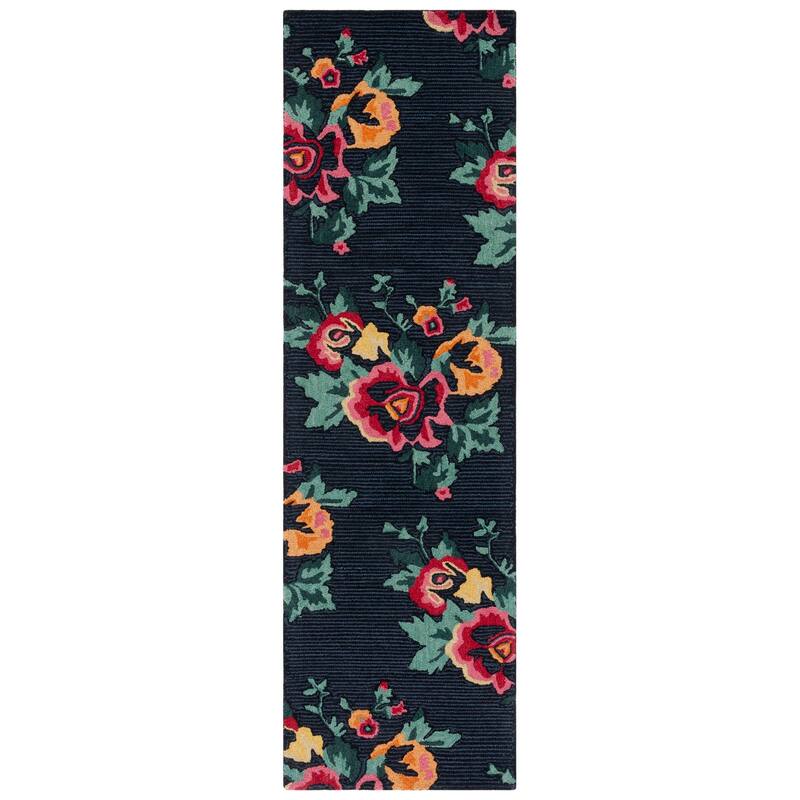 SAFAVIEH Handmade Jardin Zuhal Floral Wool Rug - 2'3" x 8' Runner - Black/Pink