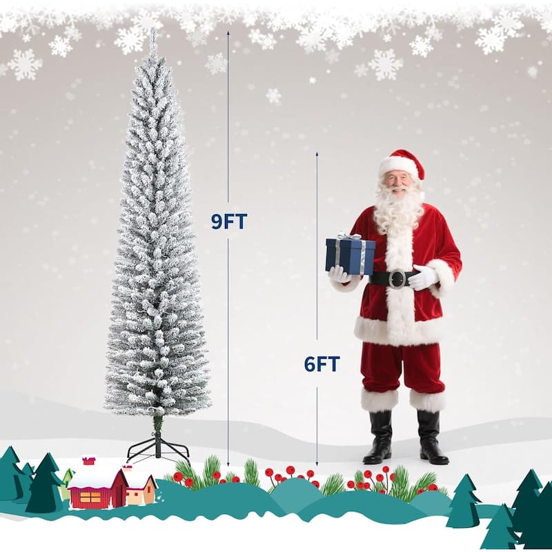 6ft Prelit Flocked Pencil Christmas Tree with Lights, Slim Artificial Xmas Tree with Snowy Branch