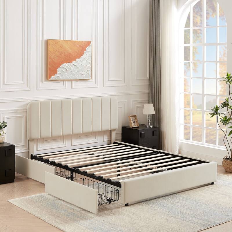 Javlergo Upholstered Platform Bed Frame with Storage Drawers and Adjustable Headboard, No Box Spring Needed