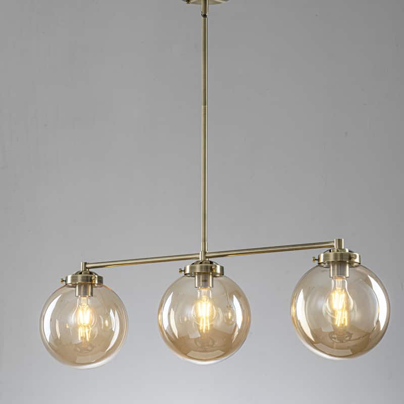3-Light 33.46" Modern Gold & Antique Bronze Amber Glass Globe Linear Pendant - 33.46" W × 10.24" H × 7.87" D