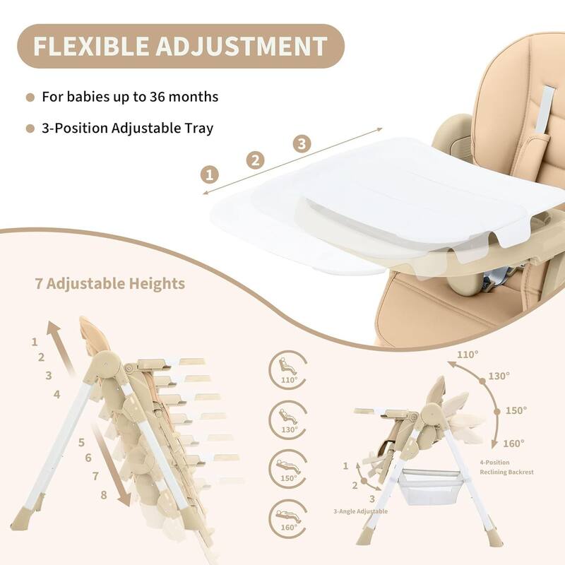 Adjustable Backrest Foldable High Chair for Babies & Toddlers, Kahki