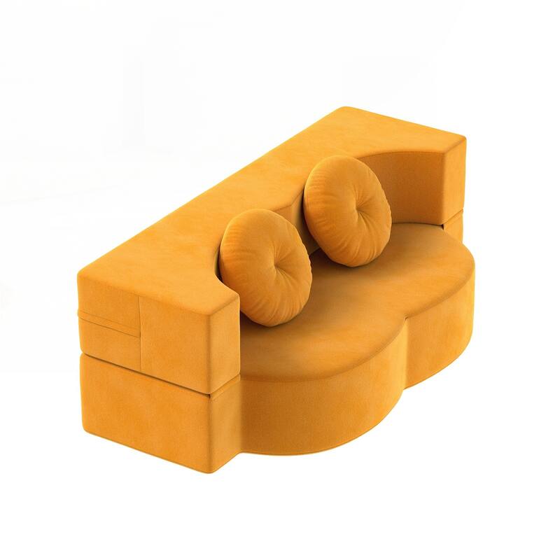 Modern Floor Sofa with 2 Pillows,Convertible Plush Corduroy Foam-Filled Sleeper Sofa Bed