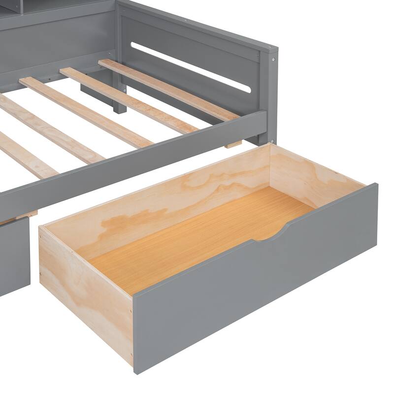 Twin Size Wooden Daybed with Glass-Door Storage, LED Lighting, and Shelves, Gray