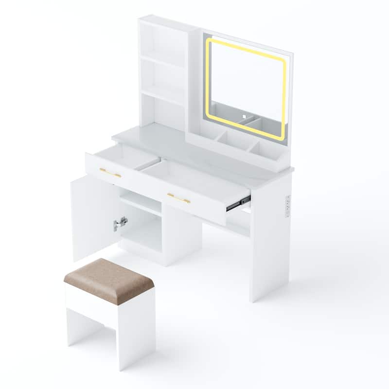 32" Wide Makeup Vanity Desk with Lighted Mirror and Power Outlet, Dressing Table with Large Storage Space and Cushioned Stool
