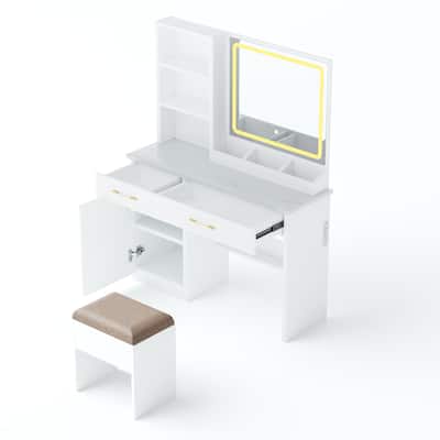 White LED Lighted Makeup Vanity Desk with Large Mirror Drawers Shelves and Built in USB Charging Station