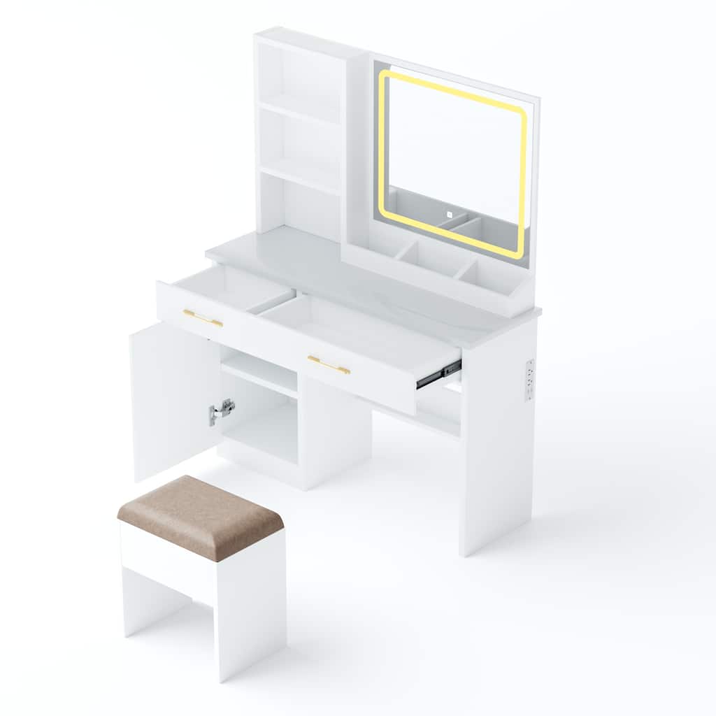 White LED Lighted Makeup Vanity Desk with Large Mirror Drawers Shelves and Built in USB Charging Station