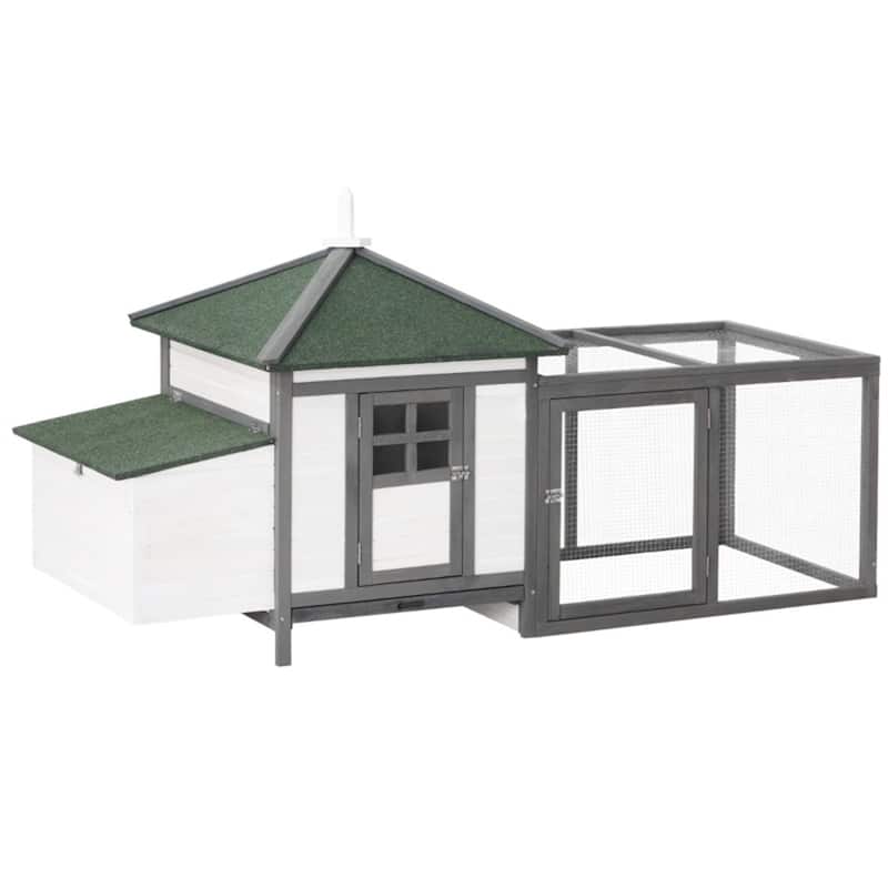 Pine Wood Hen House Coop with Nest Box and Run - 77.25" L x 30" W x 38.25" H - White and Gray