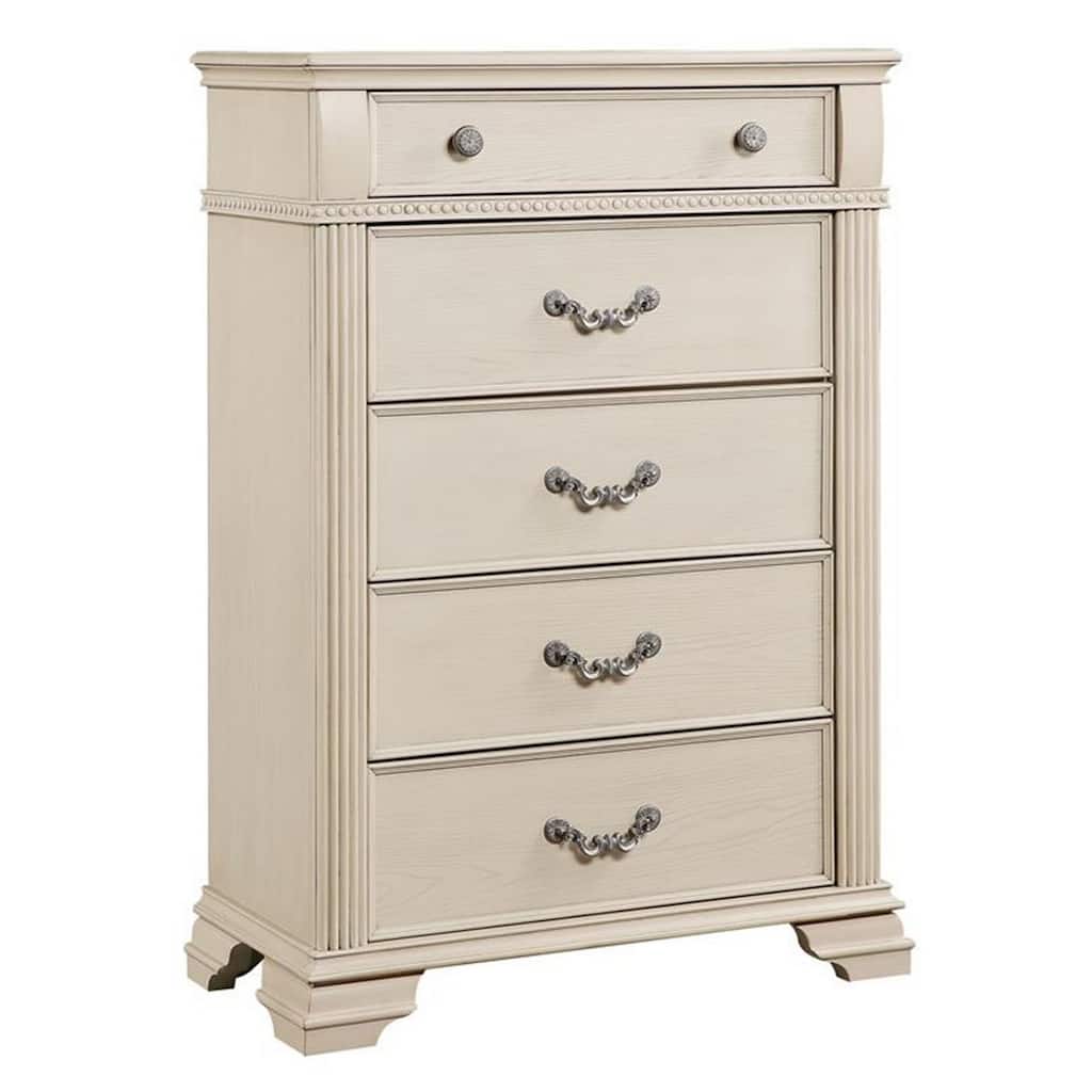 Akia 53 Inch 5 Drawer Tall Dresser Chest, Round Metal Knobs, Crisp White