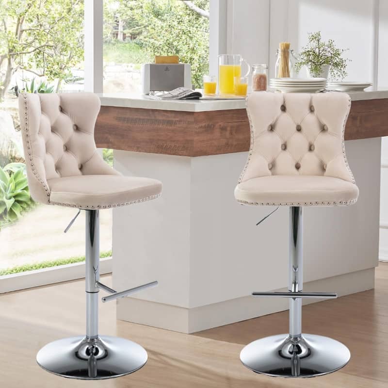 Velvet Upholstered Nailheads Tufted Swivel Bar Stools (Set of 2) - Beige SliverBase