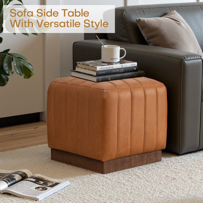 Tufted Square Ottoman Footstool Vanity Stool Sofa Side Table with Acacia Frame