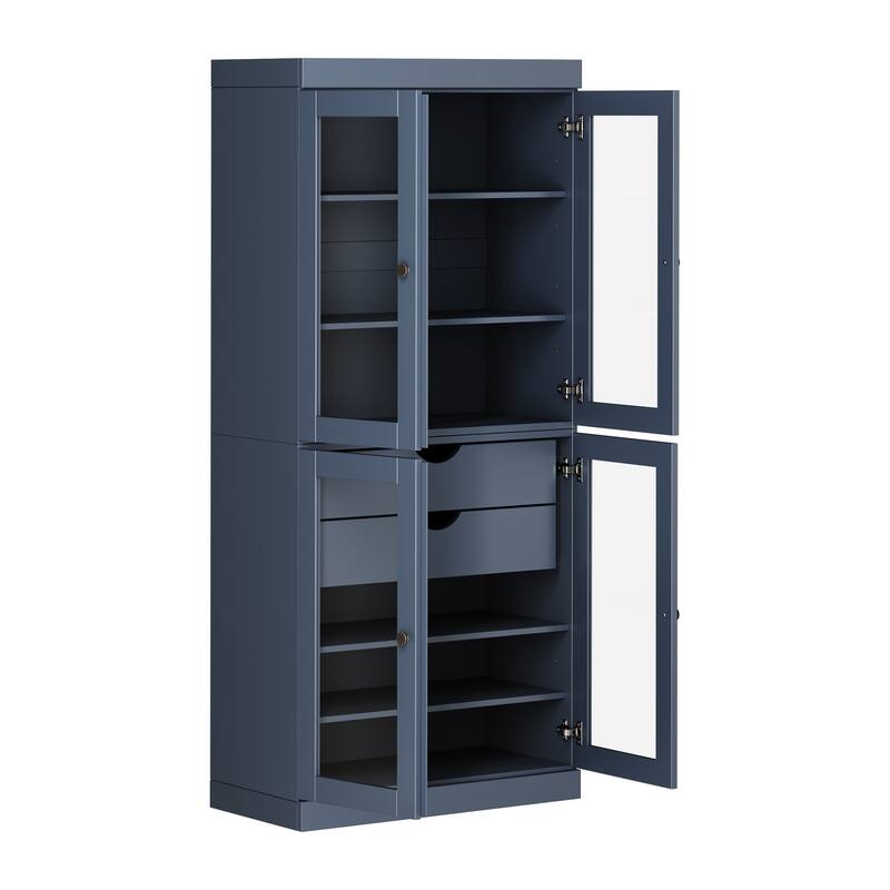 Palace Imports 100% Solid Wood Pantry Cabinet with Frosted, Clear Glass or Solid Doors, 2-Drawers and Adjustable Shelves