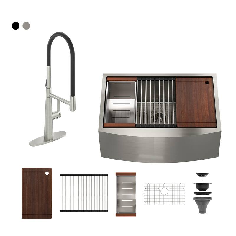 Stainless Steel Sink 30 in. Single Bowl Farmhouse Apron Kitchen Sink with Kitchen Faucet and Accessories - Silver