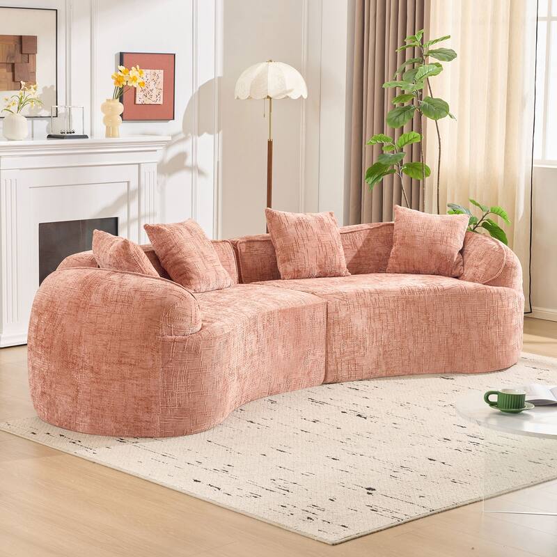 Curved Sectional Sofa with Pillows, Chenille Upholstered 4 Seater Sofa, Full-Compressed Deep Seat Sofa for Living Room