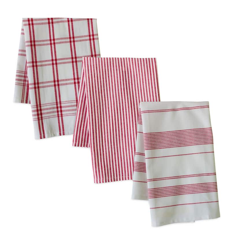 Plaid and Striped Kitchen Tea Towels - 28" - White and Red - Set of 3