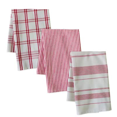 Plaid and Striped Kitchen Tea Towels - 28" - White and Red - Set of 3