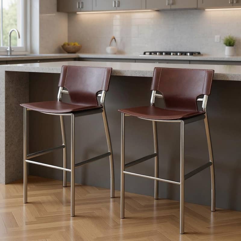 HomeRoots Set of Two 25" Brown and Silver Faux Leather and Metal Low Back Counter Height Bar Chairs - Counter Height - Brown - Set of 2
