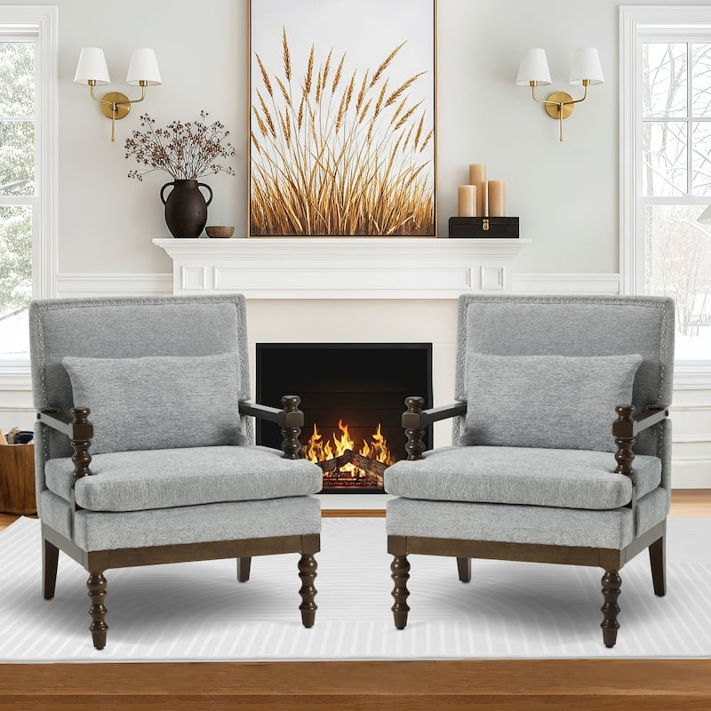 EROMMY Modern Accent Chair with Lumbar Pillow, Linen Fabric Spindle Arm Chair with Wood Frame for Living Room, Bedroom, Office
