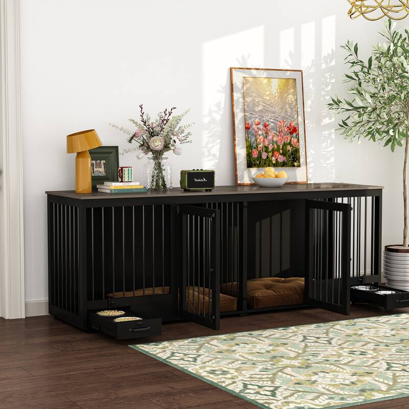 Dog Kennel with Bowls Drawers Divider Dog Crate for 1 Dog or 2 Dogs