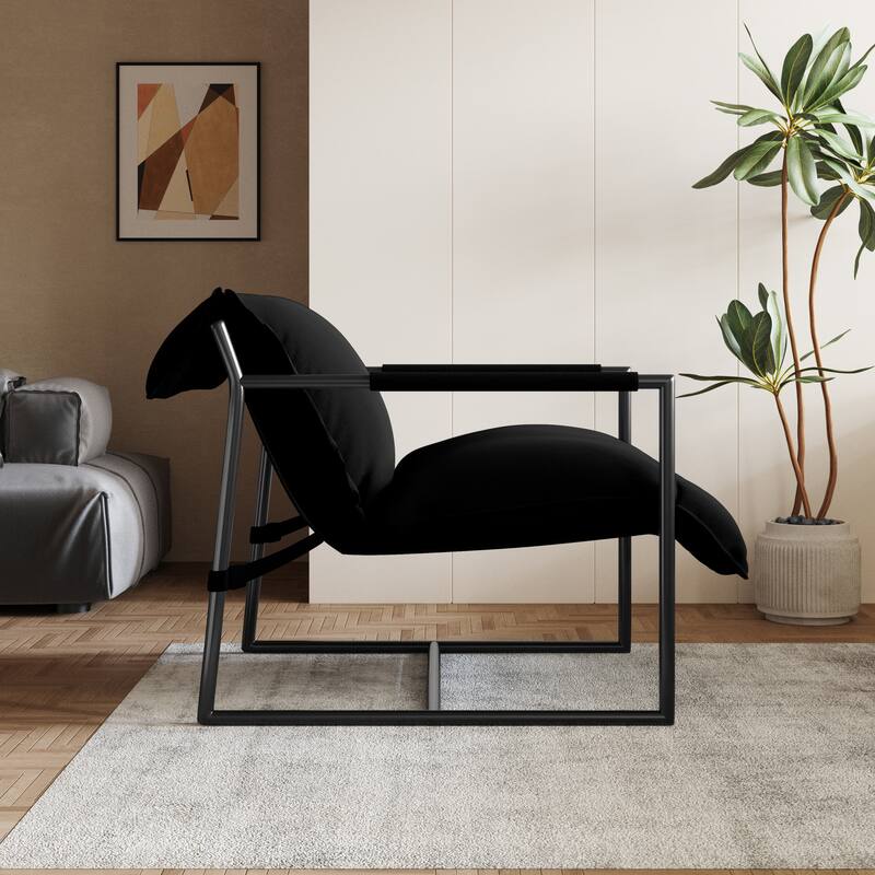 Mid-century Metal Sling Upholstered Armchair with Lengthen Upholstered