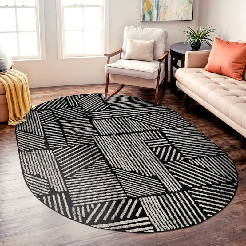 World Rug Gallery Contemporary Boho Stripes Black Area Rug - 5' X 7' OVAL