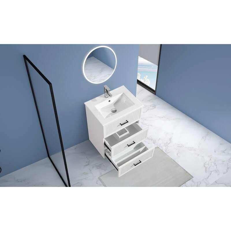 30" Freestanding Bathroom Vanity with Ceramic Sink and 2 Storage Drawers, Stylish Gray Floor Cabinet