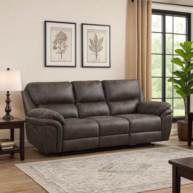 Tony 90 Inch Power Double Recliner Sofa, Gray Microfiber, USB Charging Port