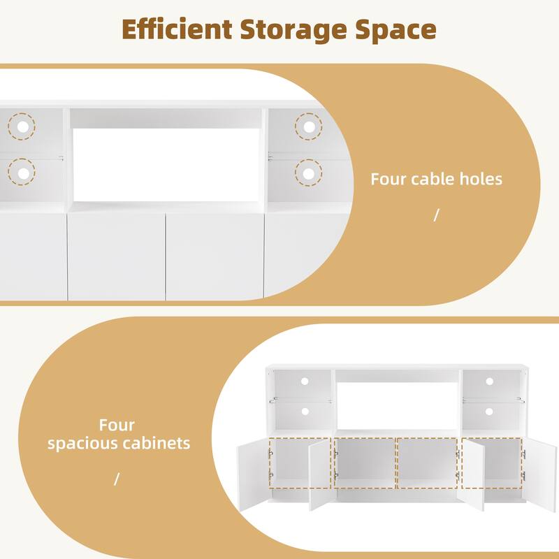 Modern High-Gloss TV Stand for TVs up to 75" with LED Lights, Large Storage Cabinet and Tempered Glass Shelves, White