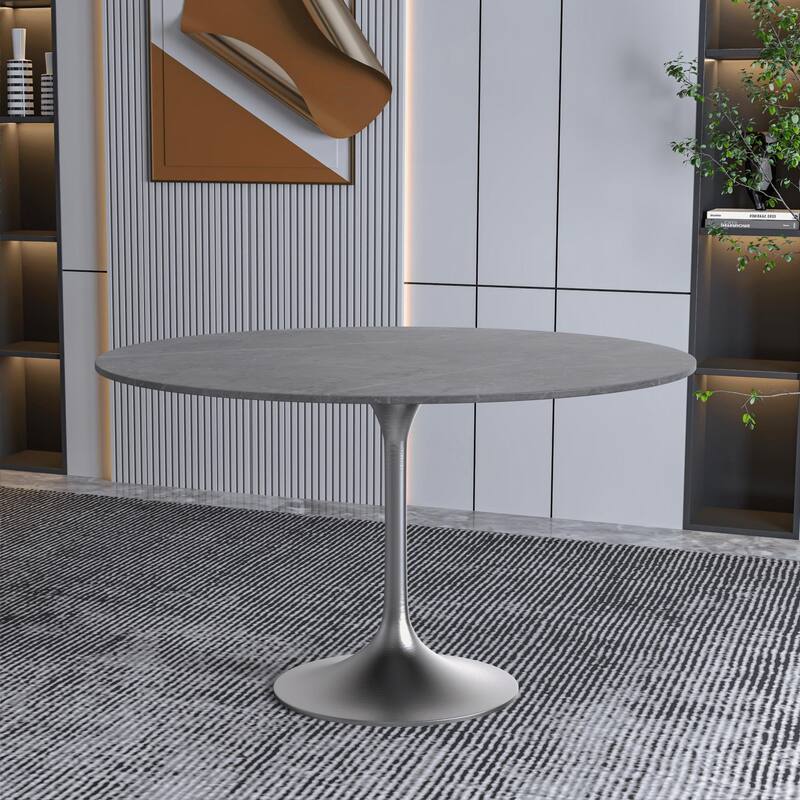 LeisureMod Verve 48" Round Dining Table with Sintered Stone TableTop and Brushed Chrome Base for Kitchen & Dining Room