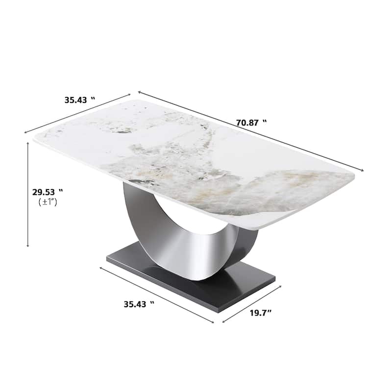 71" Marble Dining Table for 8, Modern Rectangle Kitchen Table with U Shape Pedestal Base