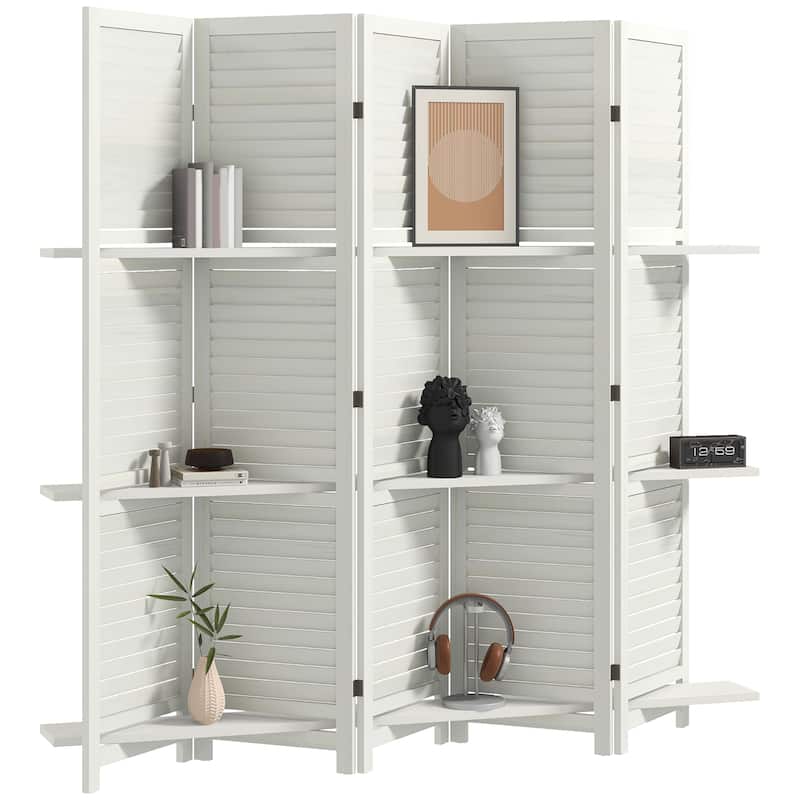 HOMCOM 5 Panel 67" Tall Wood Room Divider, Privacy Screen with 3 Display Shelves, and Folding Storage for Bedroom or Home Office