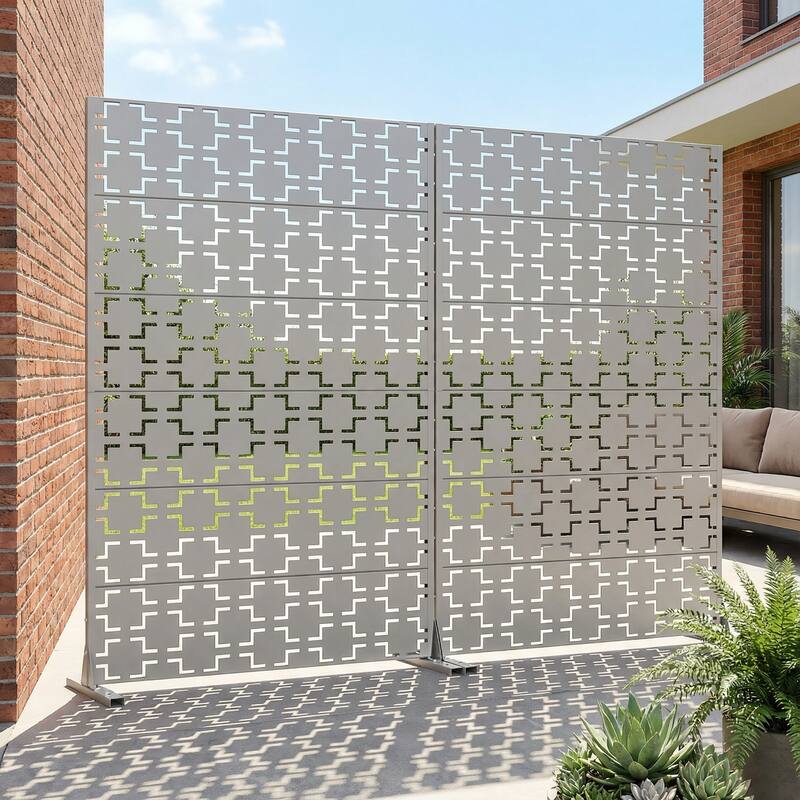 Outdoor Freestanding Metal Privacy Screen Decorative Garden Fence Set of 2