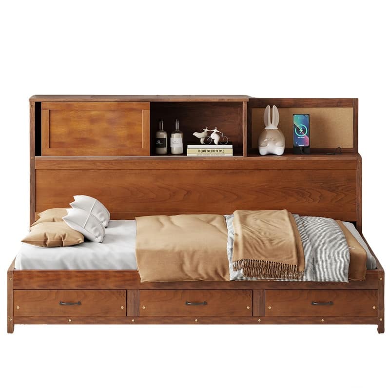 Multifunctional Wooden Daybed Featuring 3 Storage Drawers,Open Shelf, and Built-In Power Outlets with USB Ports‌ - Walnut - Full