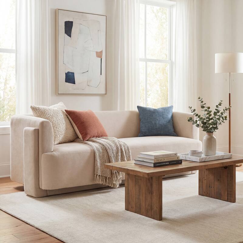 Christopher Knight Home - Modern Upholstered 77.56" 3-Seat Sofa with Geometric Block Arms - Beige