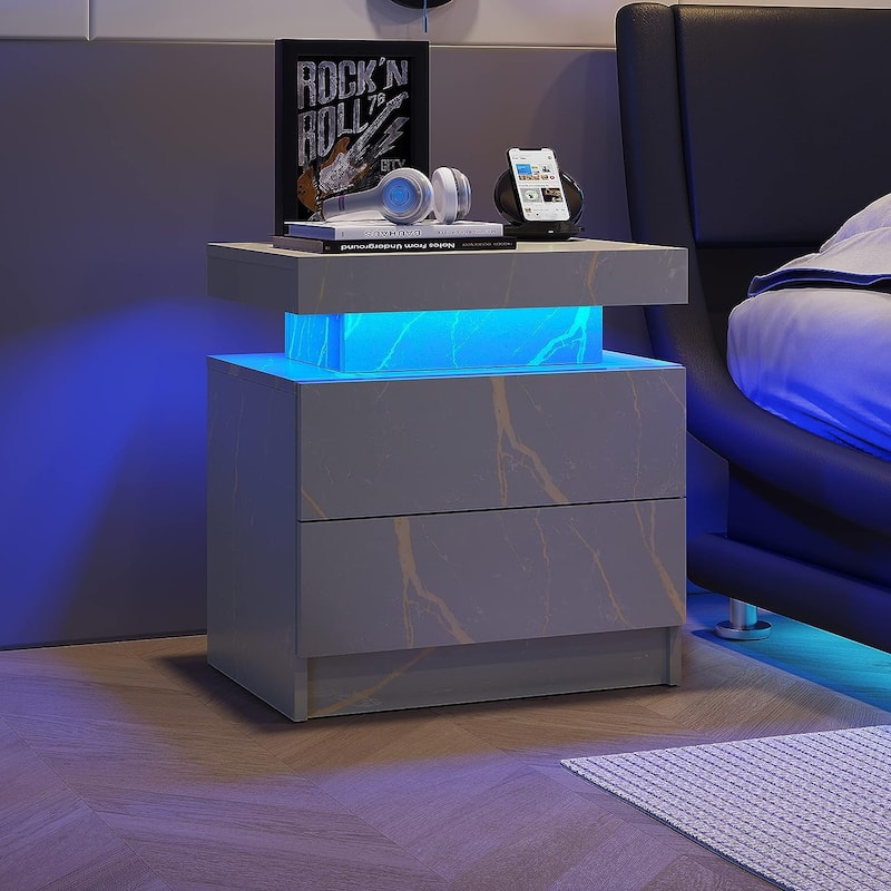 LED Nightstand with 2 Drawers for Bedroom - Gray Gold