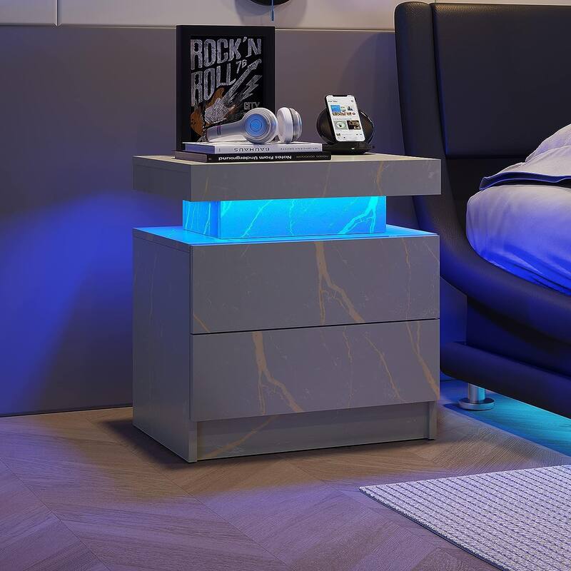 Nightstand LED Bedside Table Cabinet Lights Modern End Side with 2 Drawers for Bedroom - Gray+Silver