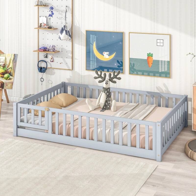 Floor Bed with Fence and Door, Rubber Wood Floor Bed with Safety Guardrails