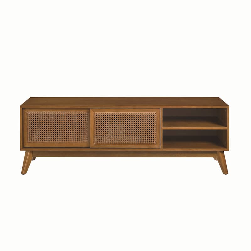 Roomfitters 59" Mid Century Modern Rattan TV Stand, Light Wood Entertainment Console, Media Cabinet for 65" TV