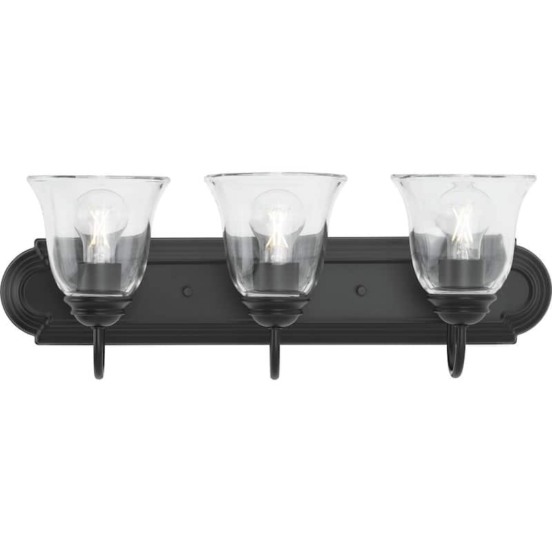Three-Light Matte Black Transitional Bath and Vanity Light with Clear Glass for Bathroom - Medium