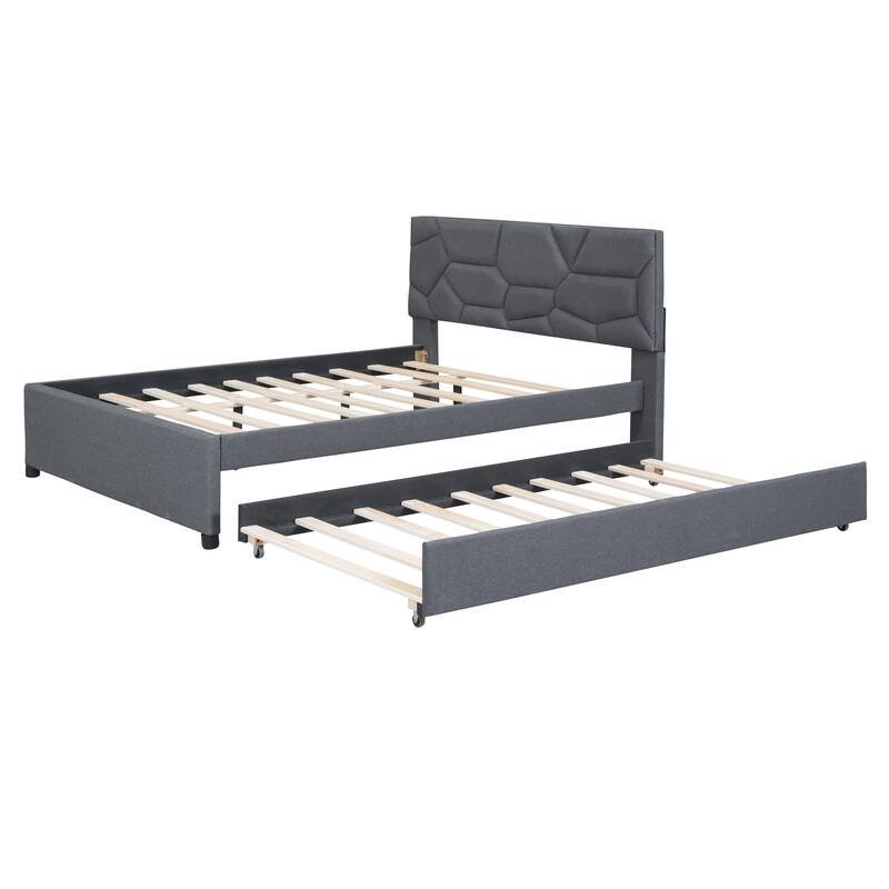 Full Size Upholstered Platform Bed with Brick Pattern Headboard and Twin Trundle, Linen Fabric, Gray