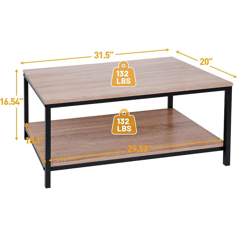 Modern 2-Tier Metal Wooden Coffee Table in Natural Wood Finish - 31.5” (L) x 20" (W) x 16.54" (H)