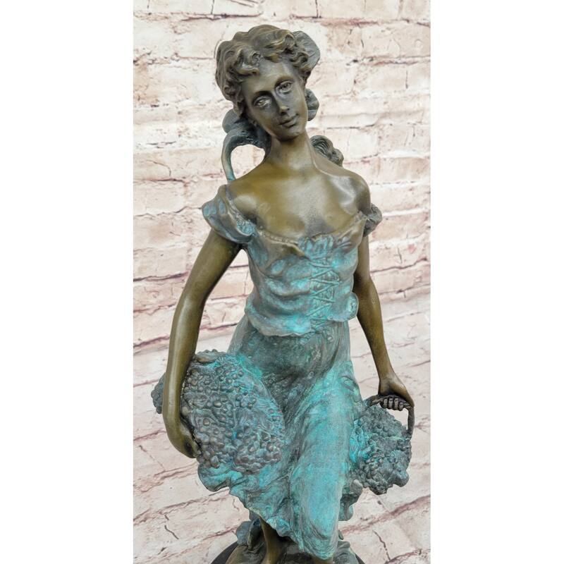Girl Carrying Basket Of Grapes Clical Bronze Figure Statue Sculpture 17 Inches X 6 Inches