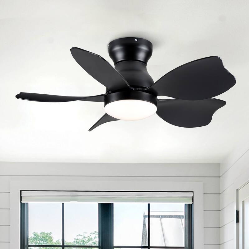 30 Inch Modern Matte Black Indoor Flush Mount Small Ceiling Fan With LED Light and Remote Control - 30 INCHES - 30 INCHES - Black