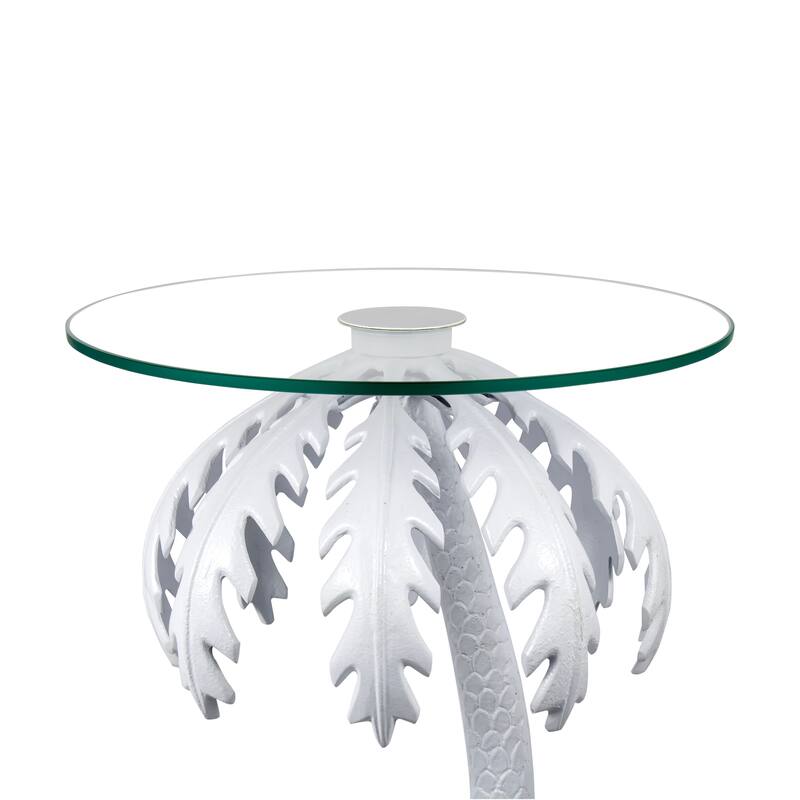 Hedda 24.75" Glass Top Metal Palm Tree End Table, White, by JONATHAN Y